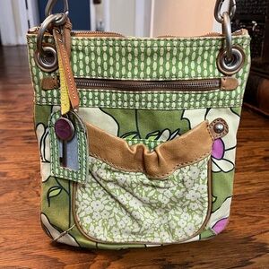 Fossil Purse Cross Body Purple Leather Strap Floral Green Logo Charm